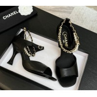 Grade Quality Chanel Lambskin Heel Sandals 8cm with Chain and Pearls Black 2025 G46658