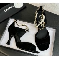 Best Grade Chanel Suede Heel Sandals 8cm with Chain and Pearls Black 2025 G46658