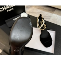 Best Grade Chanel Suede Heel Sandals 8cm with Chain and Pearls Black 2025 G46658