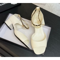Good Looking Chanel Lambskin Low Heel Sandals with Chain and Pearls White 2025 G46658