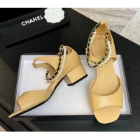 Best Product Chanel Lambskin Low Heel Sandals with Chain and Pearls Beige 2025 G46658