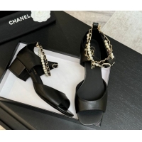 Top Design Chanel Lambskin Low Heel Sandals with Chain and Pearls Black 2025 G46658