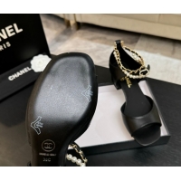 Top Design Chanel Lambskin Low Heel Sandals with Chain and Pearls Black 2025 G46658