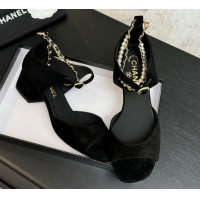 Shop Duplicate Chanel Suede Low Heel Sandals with Chain and Pearls Black 2025 G46658