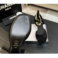 Shop Duplicate Chanel Suede Low Heel Sandals with Chain and Pearls Black 2025 G46658