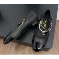 Luxurious Chanel Lambskin & Patent Calfskin Mary Janes Ballet Flats with Chain and Pearls Black 2025 G46718