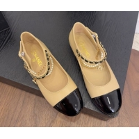 Cheap Price Chanel Lambskin & Patent Calfskin Mary Janes Ballet Flats with Chain and Pearls Beige 2025 G46718