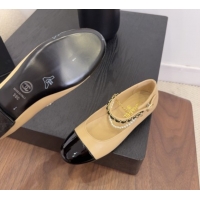 Cheap Price Chanel Lambskin & Patent Calfskin Mary Janes Ballet Flats with Chain and Pearls Beige 2025 G46718