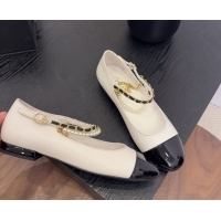 Popular Style Chanel Lambskin & Patent Calfskin Mary Janes Ballet Flats with Chain and Pearls White 2025 G46718