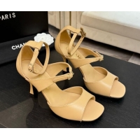 Low Price Chanel Lambskin Heel Sandals 8cm with Strass Buckles Beige 2025 G46657