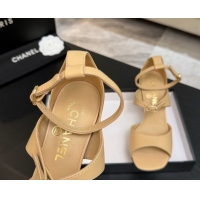 Low Price Chanel Lambskin Heel Sandals 8cm with Strass Buckles Beige 2025 G46657