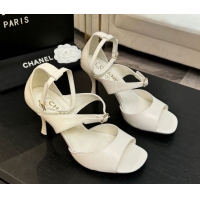 Lowest Price Chanel Lambskin Heel Sandals 8cm with Strass Buckles White 2025 G46657