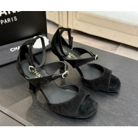 Good Product Chanel Suede Heel Sandals 8cm with Strass Buckles Black 2025 G46657