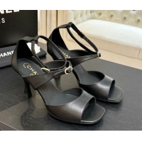 Durable Chanel Lambskin Heel Sandals 8cm with Strass Buckles Black 2025 G46657