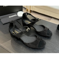 Popular Style Chanel Suede Low Heel Sandals with Strass Buckles Black 2025 G46657