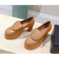 Pretty Style Chanel Lambskin Platform Pumps 9cm with CC Foldover Brown 2025 G46692
