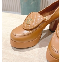 Pretty Style Chanel Lambskin Platform Pumps 9cm with CC Foldover Brown 2025 G46692