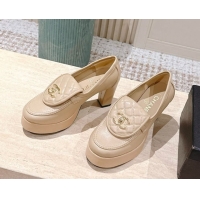 Best Grade Chanel Lambskin Platform Pumps 9cm with CC Foldover Beige 2025 G46692