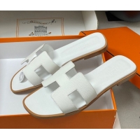 Best Product Hermes Oran Classic Flat Slides Sandal in Palm-Grained Calfskin White 0819001