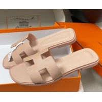 Popular Style Hermes Oran Classic Flat Slides Sandal in Palm-Grained Calfskin Beige 0819005