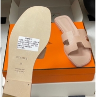 Popular Style Hermes Oran Classic Flat Slides Sandal in Palm-Grained Calfskin Beige 0819005