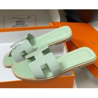 Purchase Hermes Oran Classic Flat Slides Sandal in Palm-Grained Calfskin Light Green 0819006