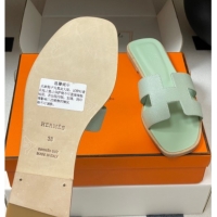 Purchase Hermes Oran Classic Flat Slides Sandal in Palm-Grained Calfskin Light Green 0819006