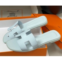 Top Grade Hermes Oran Classic Flat Slides Sandal in Palm-Grained Calfskin Light Blue 0819007