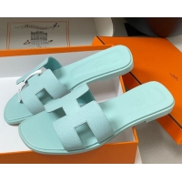 Unique Style Hermes Oran Classic Flat Slides Sandal in Palm-Grained Calfskin Pale Green 0819008