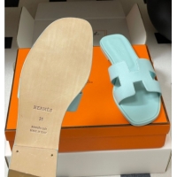 Unique Style Hermes Oran Classic Flat Slides Sandal in Palm-Grained Calfskin Pale Green 0819008