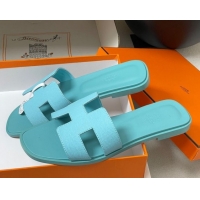 Good Quality Hermes Oran Classic Flat Slides Sandal in Palm-Grained Calfskin Green 0819009
