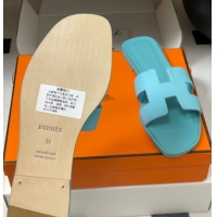 Good Quality Hermes Oran Classic Flat Slides Sandal in Palm-Grained Calfskin Green 0819009