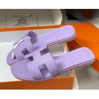 Pretty Style Hermes Oran Classic Flat Slides Sandal in Palm-Grained Calfskin Light Purple 0819010