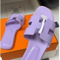 Pretty Style Hermes Oran Classic Flat Slides Sandal in Palm-Grained Calfskin Light Purple 0819010