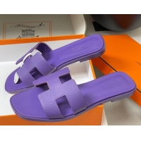 Durable Hermes Oran Classic Flat Slides Sandal in Palm-Grained Calfskin Dark Purple 0819011