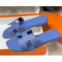 Top Design Hermes Oran Classic Flat Slides Sandal in Palm-Grained Calfskin Denim Blue 0819012