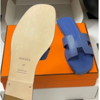 Top Design Hermes Oran Classic Flat Slides Sandal in Palm-Grained Calfskin Denim Blue 0819012
