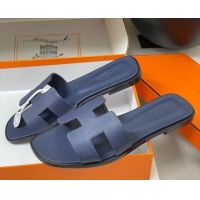 Luxury Cheap Hermes Oran Classic Flat Slides Sandal in Palm-Grained Calfskin Dark Blue 0819013