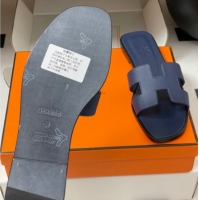 Luxury Cheap Hermes Oran Classic Flat Slides Sandal in Palm-Grained Calfskin Dark Blue 0819013