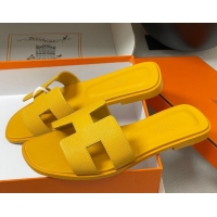 Popular Style Hermes Oran Classic Flat Slides Sandal in Palm-Grained Calfskin Dark Yellow 0819015