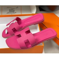 Luxury Hermes Oran Classic Flat Slides Sandal in Palm-Grained Calfskin Fuchsia Pink 0819016