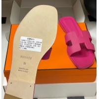 Luxury Hermes Oran Classic Flat Slides Sandal in Palm-Grained Calfskin Fuchsia Pink 0819016