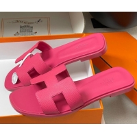 Discount Hermes Oran Classic Flat Slides Sandal in Palm-Grained Calfskin Dark Pink 0819017