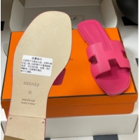 Discount Hermes Oran Classic Flat Slides Sandal in Palm-Grained Calfskin Dark Pink 0819017