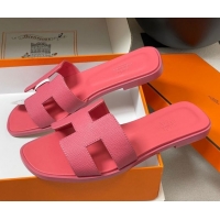 Good Quality Hermes Oran Classic Flat Slides Sandal in Palm-Grained Calfskin Pink 0819018