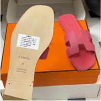 Good Quality Hermes Oran Classic Flat Slides Sandal in Palm-Grained Calfskin Pink 0819018