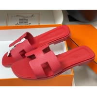 Classic Hot Hermes Oran Classic Flat Slides Sandal in Palm-Grained Calfskin Red 0819019
