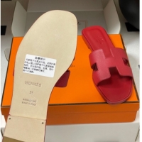 Classic Hot Hermes Oran Classic Flat Slides Sandal in Palm-Grained Calfskin Red 0819019