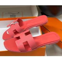 Good Product Hermes Oran Classic Flat Slides Sandal in Palm-Grained Calfskin Pink 0819020