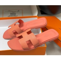 Lower Price Hermes Oran Classic Flat Slides Sandal in Palm-Grained Calfskin Peachy Pink 0819021